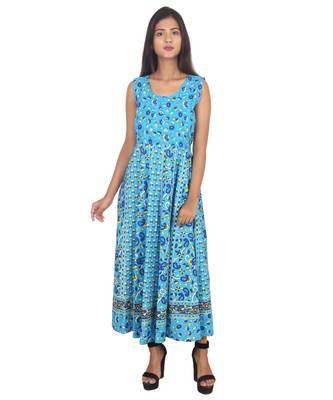 RUDRA Jaipuri Stylist  Cotton Printed Women's Maxi Long Dress (Free Size Upto 44-XXL) 1
