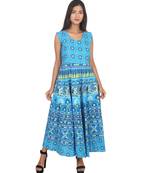 RUDRA Jaipuri Stylist  Cotton Printed Women's Maxi Long Dress (Free Size Upto 44-XXL)