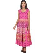 RUDRA Jaipuri Stylist  Cotton Printed Women's Maxi Long Dress (Free Size Upto 44-XXL)