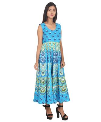 RUDRA Jaipuri Stylist  Cotton Printed Women's Maxi Long Dress (Free Size Upto 44-XXL) 2