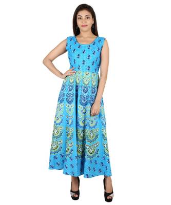 RUDRA Jaipuri Stylist  Cotton Printed Women's Maxi Long Dress (Free Size Upto 44-XXL) 1