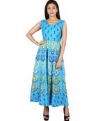 RUDRA Jaipuri Stylist  Cotton Printed Women's Maxi Long Dress (Free Size Upto 44-XXL)