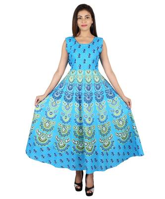 RUDRA Jaipuri Stylist  Cotton Printed Women's Maxi Long Dress (Free Size Upto 44-XXL) 2