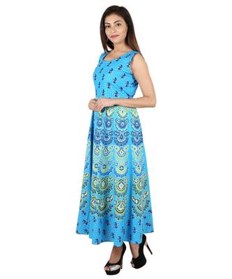 RUDRA Jaipuri Stylist  Cotton Printed Women's Maxi Long Dress (Free Size Upto 44-XXL) 4