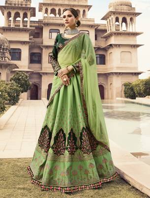 Green Embroidered Silk Semi Stitched Lehenga 1