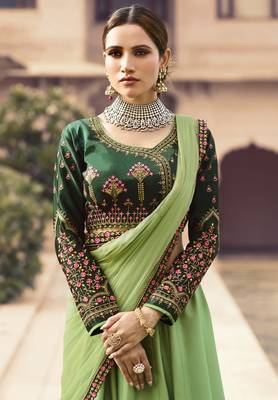 Green Embroidered Silk Semi Stitched Lehenga 3