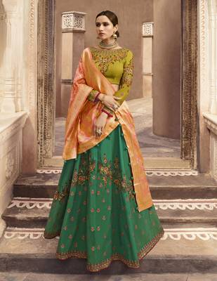 Green Embroidered Silk Semi Stitched Lehenga 1