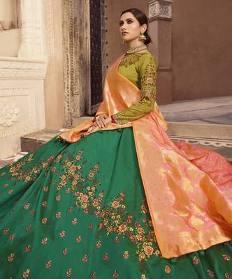 Green Embroidered Silk Semi Stitched Lehenga 3