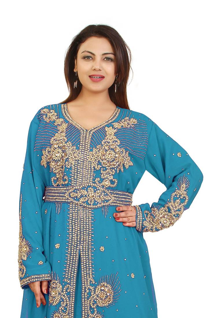 Turquoise Georgette Embroidered Zari Work Kaftan