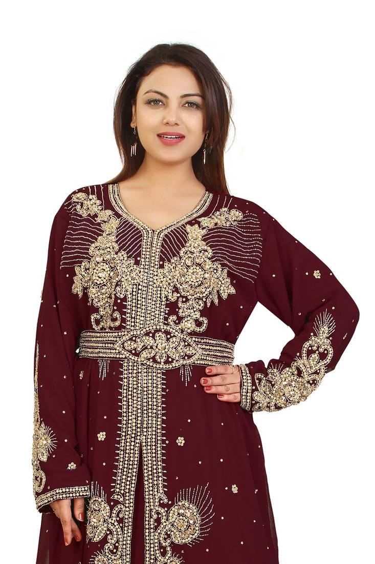 Maroon Georgette Embroidered Zari Work Kaftan