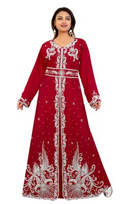 Red Georgette Embroidered Zari Work Kaftan 1