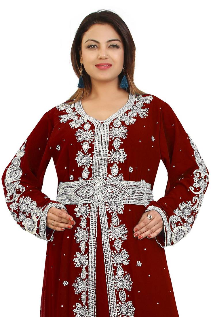 Maroon Georgette Embroidered Zari Work Kaftan