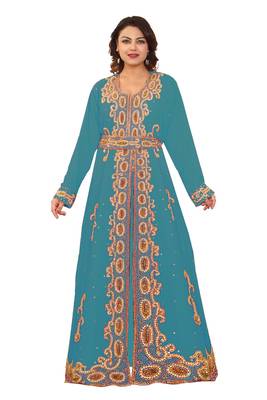 Turquoise Georgette Embroidered Zari Work Kaftan 1