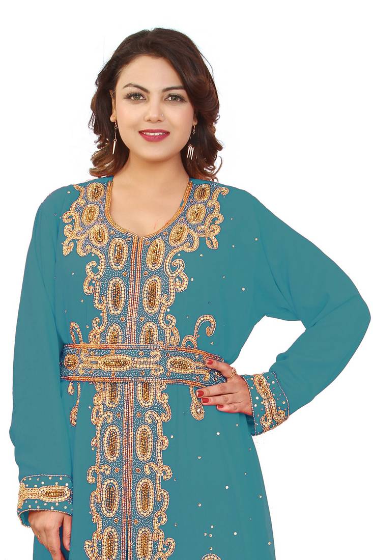 Turquoise Georgette Embroidered Zari Work Kaftan