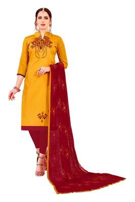 Yellow  Glaze Cotton Embroidery Work Dress Material Having Work Dupatta 1