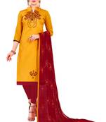 Yellow  Glaze Cotton Embroidery Work Dress Material Having Work Dupatta