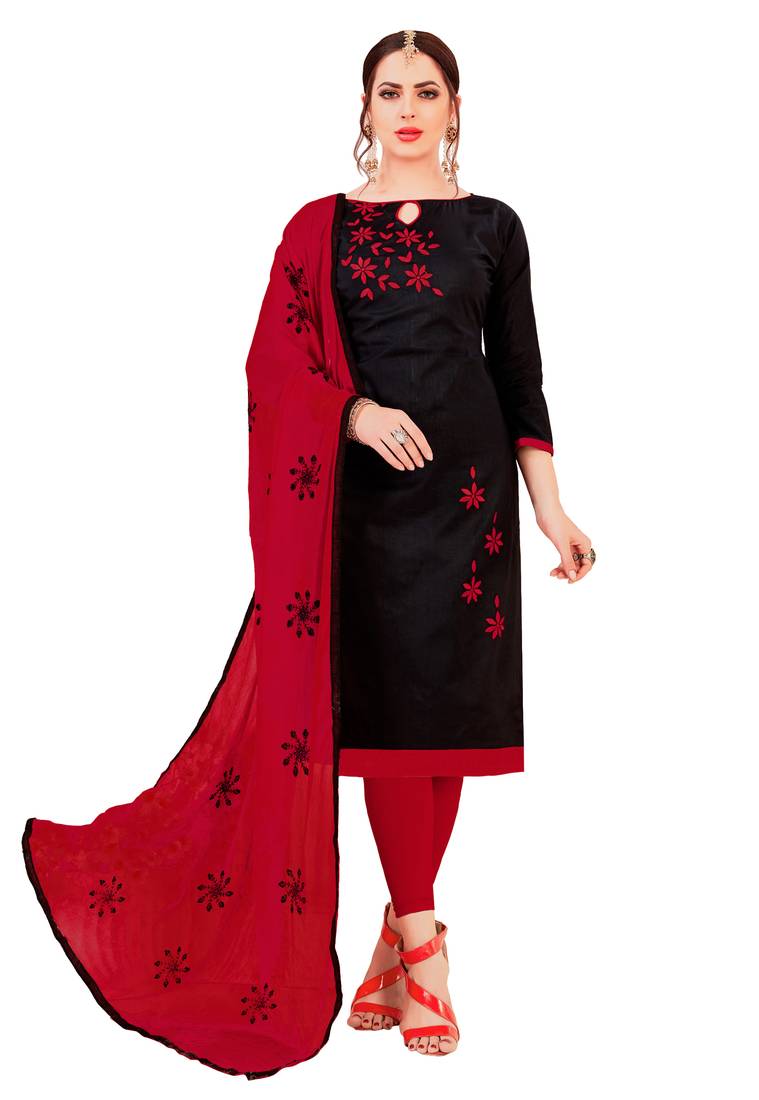 Black Glaze Cotton Embroidery Work Dress Material Having Work Dupatta
