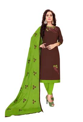 Brown  Glaze Cotton Embroidery Work Dress Material Having Work Dupatta 1