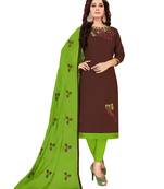 Brown  Glaze Cotton Embroidery Work Dress Material Having Work Dupatta