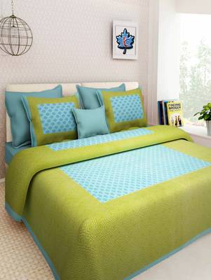 Dreamy Zone Sky Blue & Green Cotton Jaipuri Double Bed Sheet with Pillow Cover 1