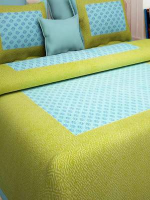 Dreamy Zone Sky Blue & Green Cotton Jaipuri Double Bed Sheet with Pillow Cover 2