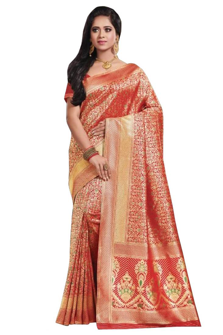 Red brasso silk saree with blouse