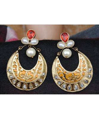 Golden Enamel Polki Diamond Pearl Chand Bali Earrings 1