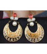 Golden Enamel Polki Diamond Pearl Chand Bali Earrings