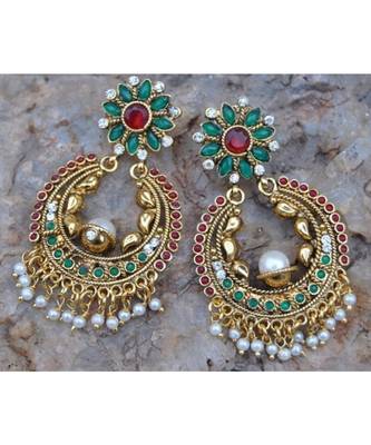 Red and Green Kemp Floral Chand Bali Earrings 1