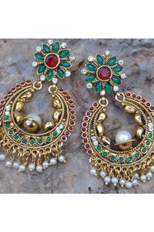 Red and Green Kemp Floral Chand Bali Earrings