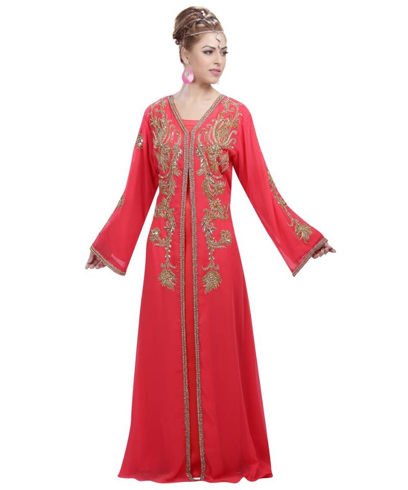 Red georgette embroidered zari work islamic-kaftans