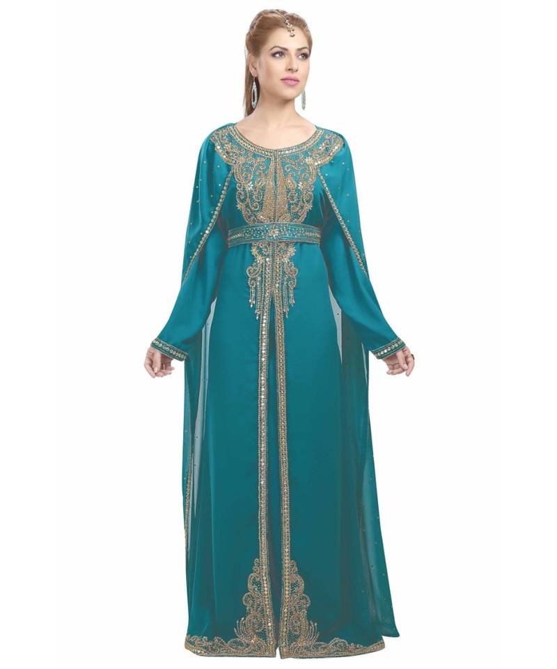 turquoise georgette embroidered zari work islamic-kaftans