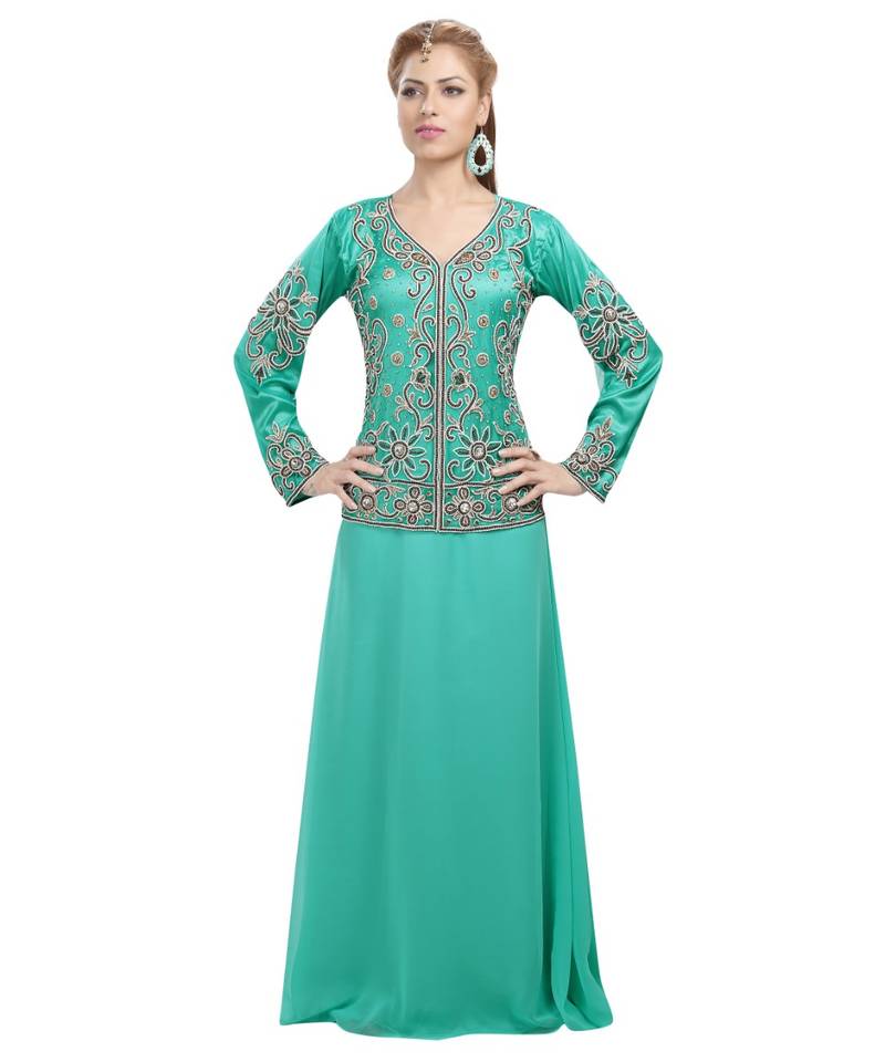 green georgette embroidered zari work islamic-kaftans