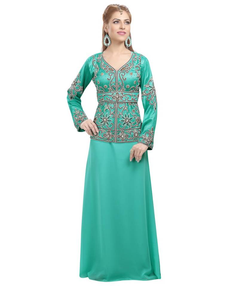 green georgette embroidered zari work islamic-kaftans