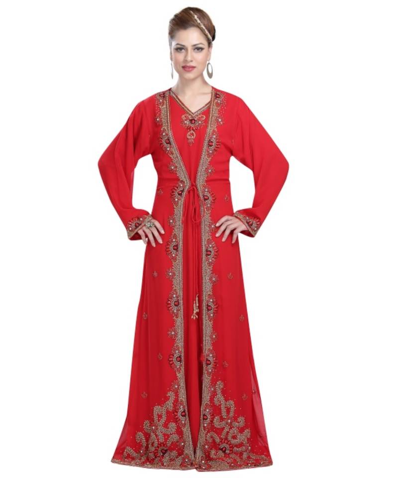 Red georgette embroidered zari work islamic-kaftans