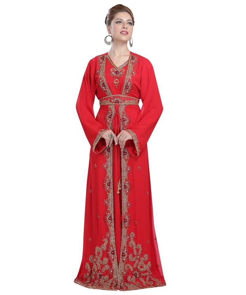 Red georgette embroidered zari work islamic-kaftans