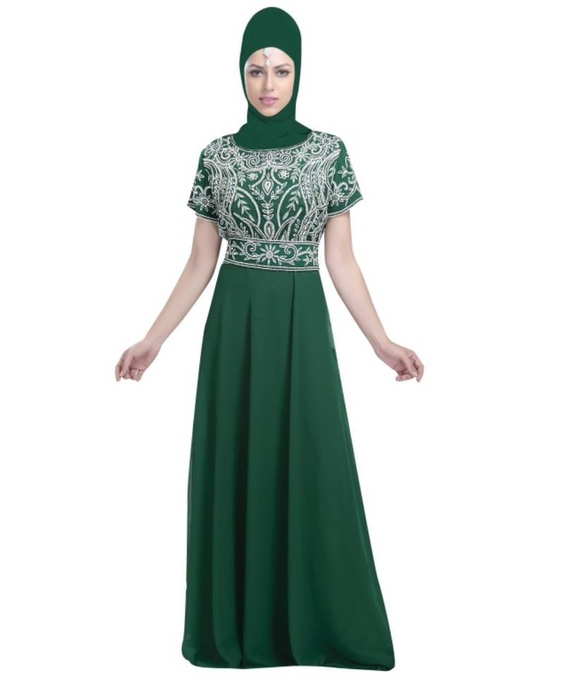 green georgette embroidered zari work islamic-kaftans