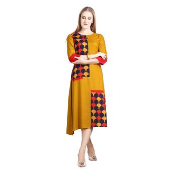Mustard printed rayon kurti 1