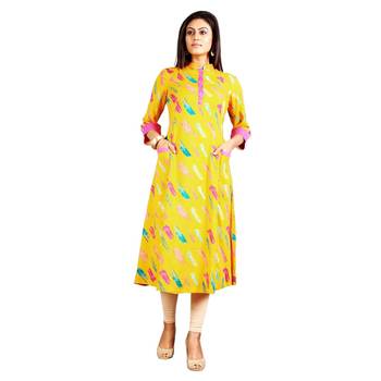 Yellow printed rayon kurti 1