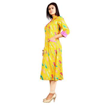 Yellow printed rayon kurti 3