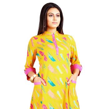 Yellow printed rayon kurti 4