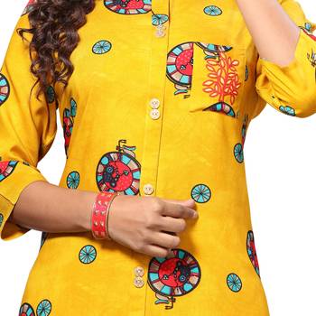 Yellow printed rayon kurti 5