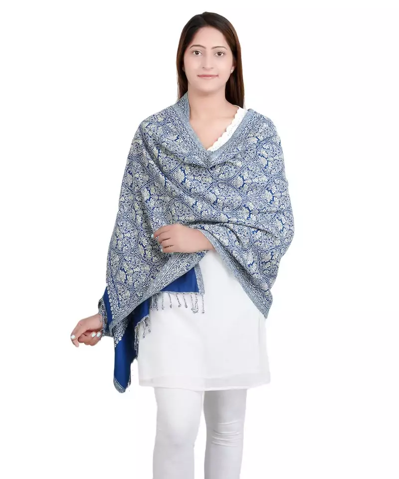 Blue/White Paisley Viscose Jacquard Shawl Reversible (70X200 cm)
