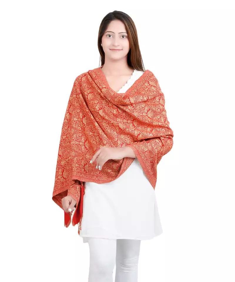 Red/Beige Paisley Viscose Jacquard Reversible Shawl (70X200 cm)