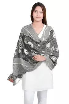 Black/White Circle Viscose Jacquard Fringes Reversible Shawl (70X180 cm)