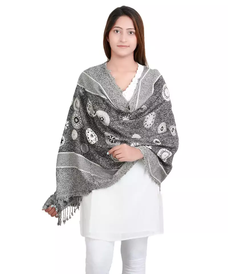 Black/White Circle Viscose Jacquard Fringes Reversible Shawl (70X180 cm)