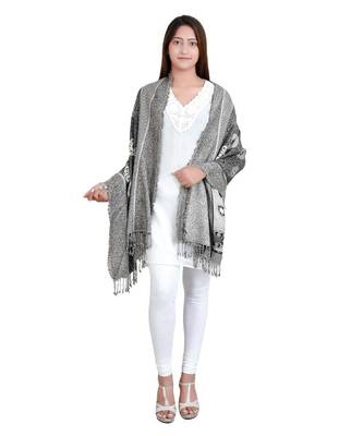 Black/White Circle Viscose Jacquard Fringes Reversible Shawl (70X180 cm) 2