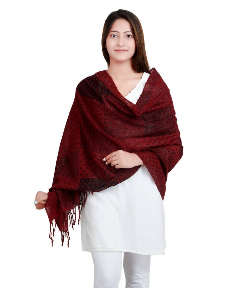 Maroon/Black Printed Wool Shawl (70X200 cm) Anekaant 2873994
