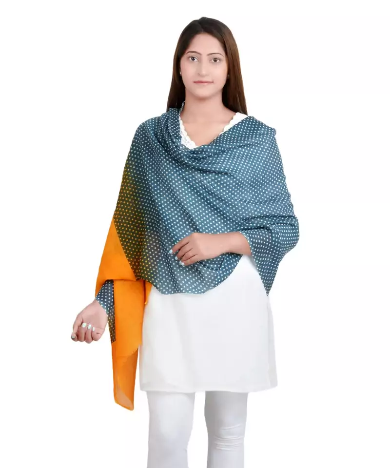 Grey/Yellow Dotted Print Wool Shawl (70X200 cm)