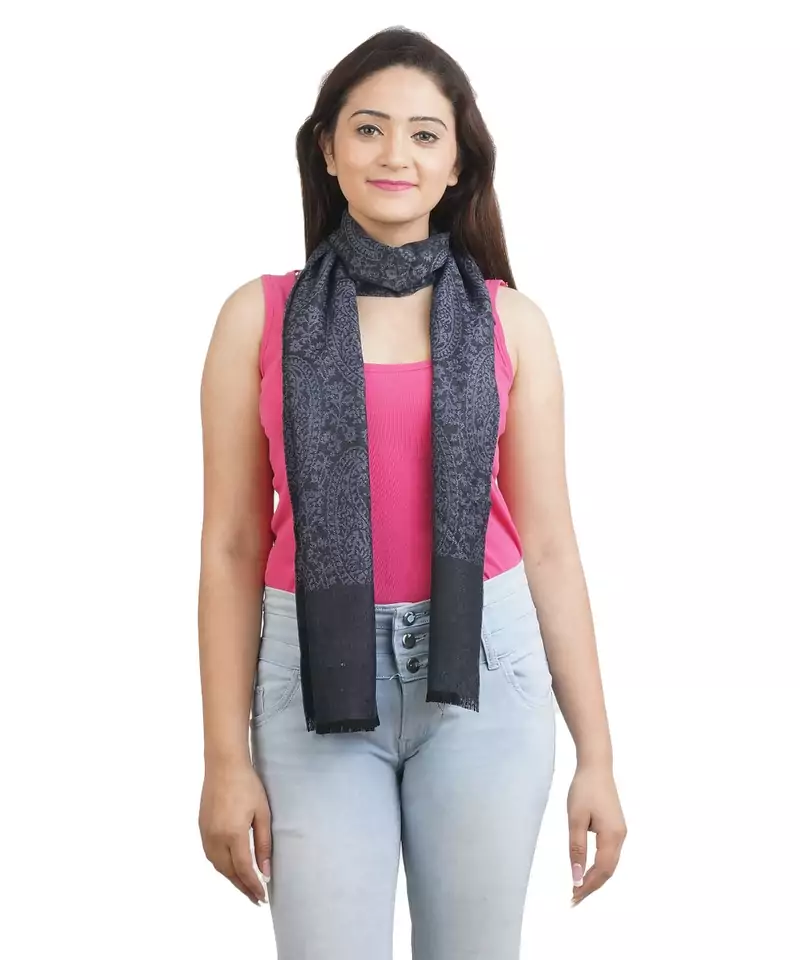 Grey/Black Paisley Jacquard Viscose Stole (25X180 cm)